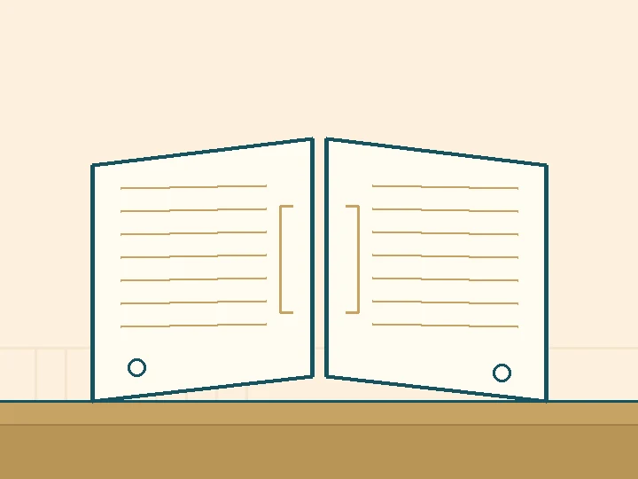 開いた紙の本の見開き。とじ側の余白とページ番号を示したイラスト